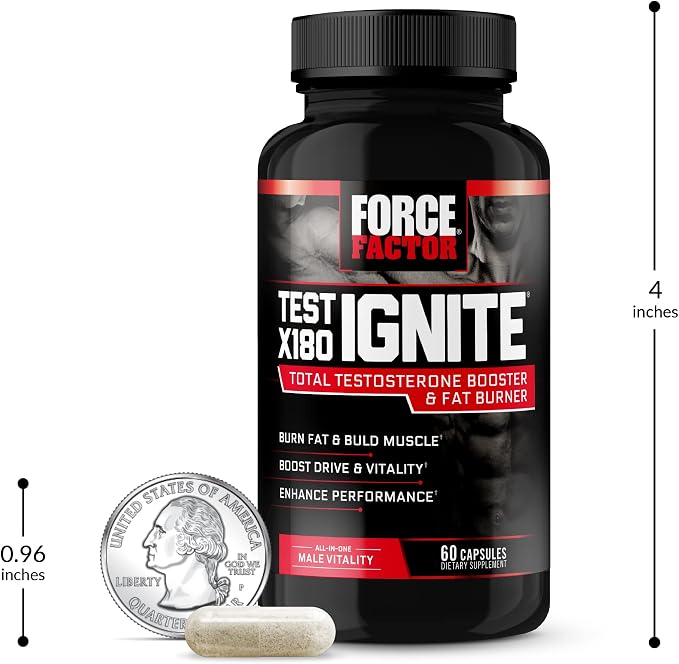 Force Factor Test X180 Ignite Total Testosterone Booster for Men with Fenugreek Seed and Green Tea Extract to Build Lean Muscle, Boost Energy, and Improve Performance, 60 Count