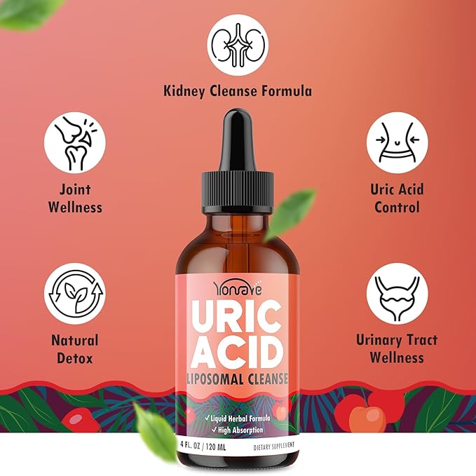 Liposomal Uric Acid Drops, Tart Cherry Supplement with Celery Seed & Boswellia Extract – Muscle, Detox, Joint and Kidney, Uric Acid Cleanse Liquid Supplement– 4 FL OZ (1 Bottle)