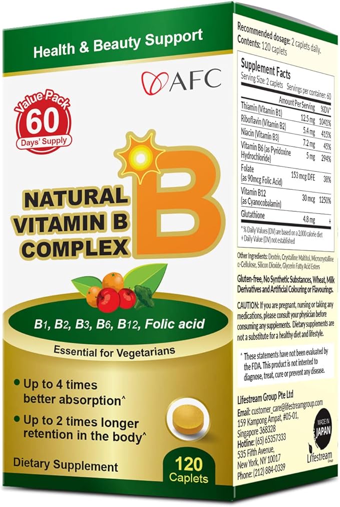 AFC Japan Natural Vitamin B Complex with B1, B2, B3, B6, B12, Folic Acid & Glutathione Yeast Extract, No Synthetics, Non-GMO, Supplement for Stress, Energy, Immune & Nervous System,120 Vegan Caplets