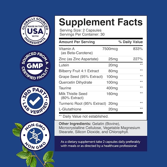 Bundle of Complete Eye Health Supplement for Adults for Vision Dry Eyes Pressure and Blue Light Protection and High Absorption Magnesium Complex Supplement for Sleep Stomach Digestion and Mood Support