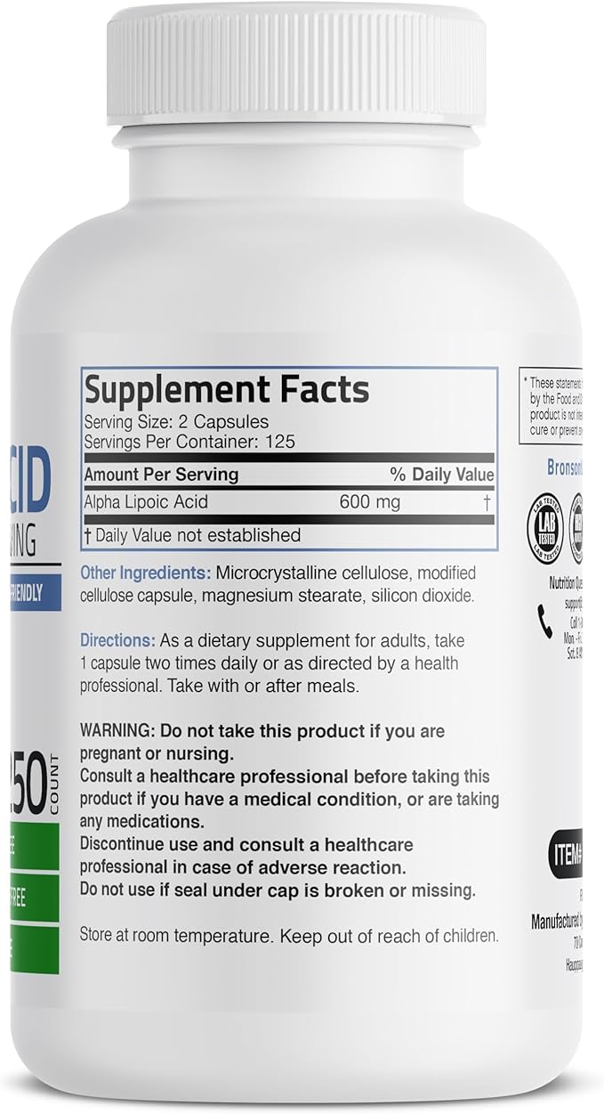 Bronson Alpha Lipoic Acid 600 MG Free Radical Scavenger Supports Antioxidant Health - Non-GMO, 250 Vegetarian Capsules (125 Servings)