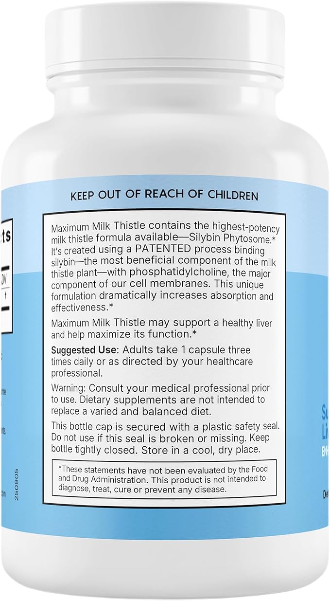 Maximum Milk Thistle Supplement for Liver Support – 720mg Silybin Phytosome (10X Absorption) – Liver Cleanse Detox & Repair, Enzyme Health – Vegan, Non-GMO, Gluten Free – 90 Capsules (30-Day Supply)