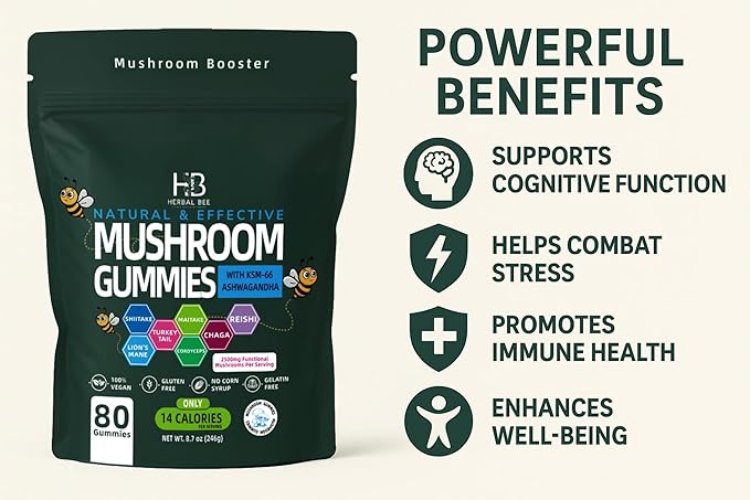Organic Ashwagandha & Lions Mane Mushroom Gummies - Reishi, Cordyceps, Turkey Tail, Maitake, Shitake & Chaga, Immune Support & defense, Brain Boost, Vegan, All-in-One Superfood supplement | 80 gummies