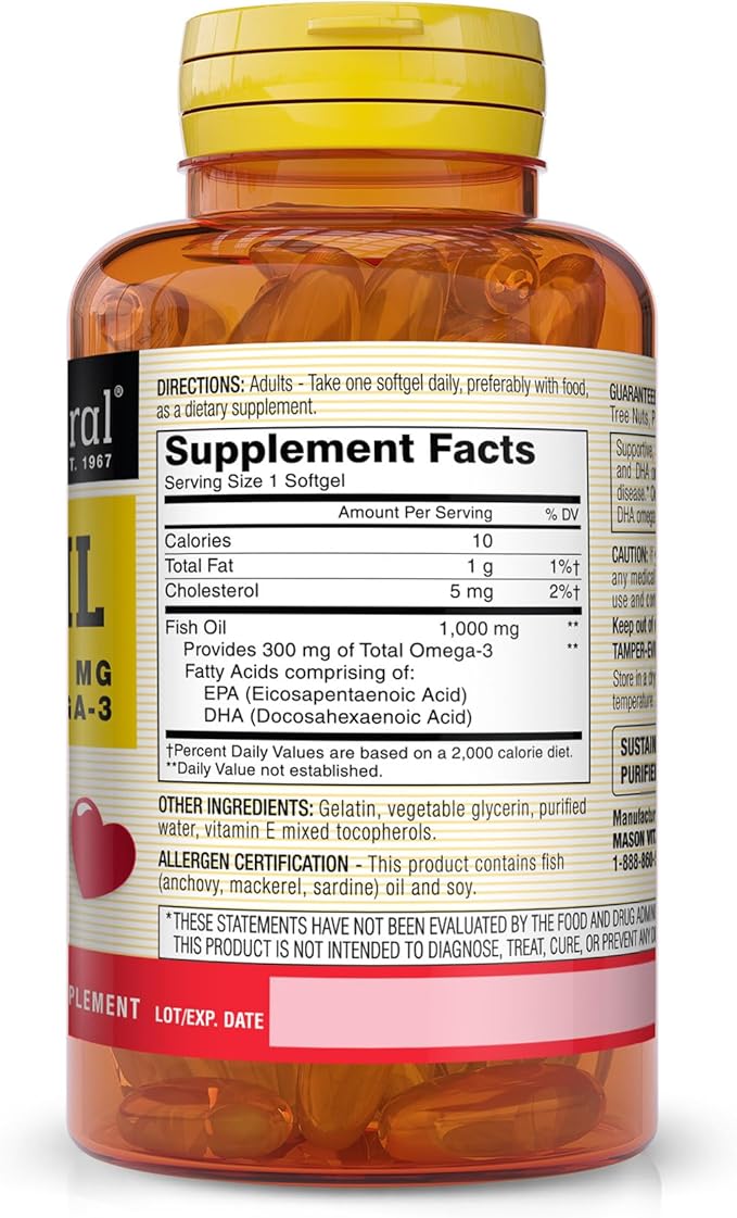MASON NATURAL Omega-3 Fish Oil Daily Supplement, 1000mg with EPA and DHA for Joint Support, 120-Day Supply, 120 Softgel Pills (1 Pack)