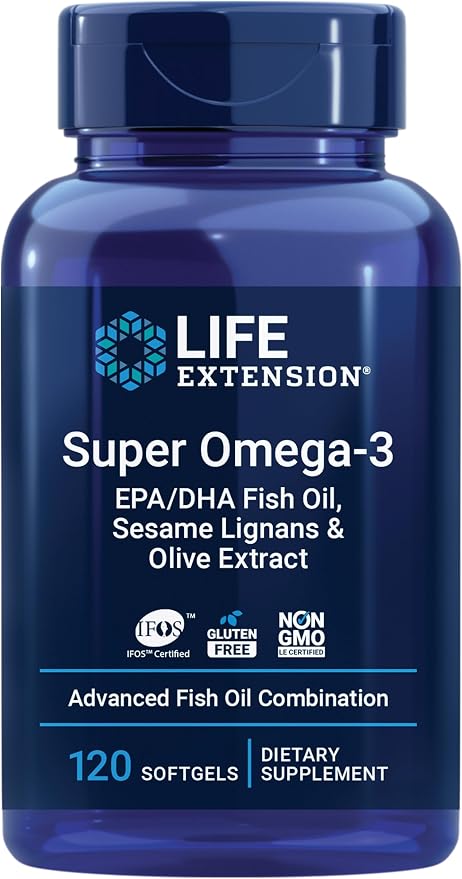 Life Extension Super Omega-3 EPA/DHA Fish Oil, Sesame Lignans & Olive Extract – Cognitive Health, Cholesterol Health Support, Gluten-Free, Non-GMO, 120 Softgels