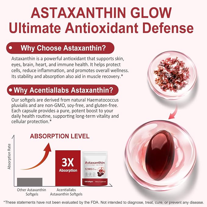 AIQIUSHA Astaxanthin Supplements 12mg with Coconut Oil, 120 Softgels, 4 Month Supply | Triple Strength Natural Astaxanthin from Microalgae | Non-GMO, Gluten & Soy Free