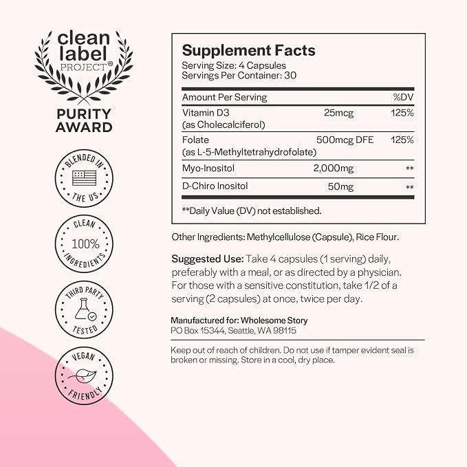 Myo-Inositol & D-Chiro Inositol Capsules with MTHF, Folate, Vitamin D| Support for Ovarian Function, Hormone Balance, & Homocysteine Levels | Fertility Supplements for Women | 40:1 Ratio