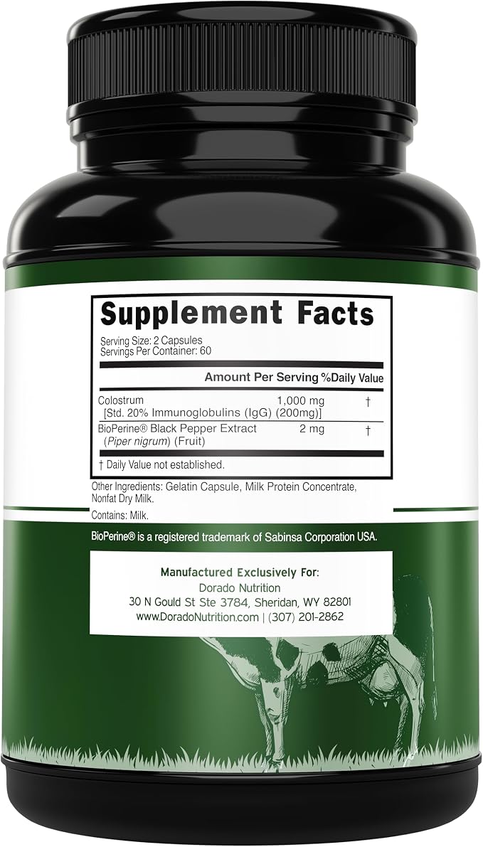 Colostrum Supplement (120 Count) 1000mg Per Serving (Bovine Colostrum Capsules from First Milking Only, Std. to Contain 20% IgG Immunoglobulins) - Grass Fed, No Fillers, Third Party Tested - USA Made