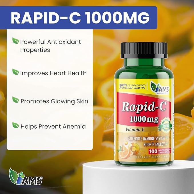 America Medic & Science Rapid-C 1000mg Vitamin C Supplement (3 Pack of 100 Tablets) Energy Booster, Daily Immune System Support, Antioxidant | Vegan, Non-GMO Coated Ascorbic Acid for Adult Men & Women