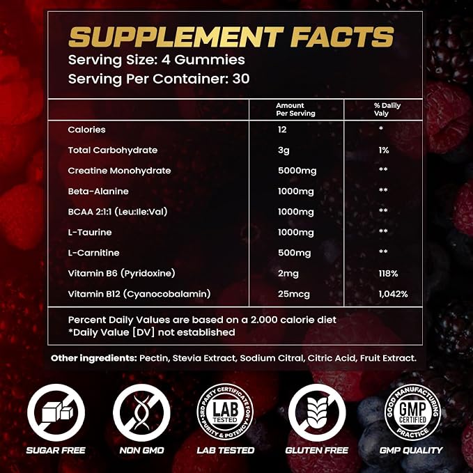 KUKALY Creatine Monohydrate Gummies for Men & Women, 9000MG Creatine Gummies Sugar Free Mixed Flavored with L-Taurine, BCAA 2:1, B12 B6 for Boost Strength, Focus & Endurance, Vegan, Non-GMO, 2 Bottle
