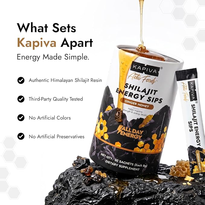 Kapiva Shilajit Honey Sticks, 7500mg Pure Shilajit, Easy-to-Consume On-the-Go Sticks, Energy & Stamina Support, Ginger Honey Flavor, 30 Count