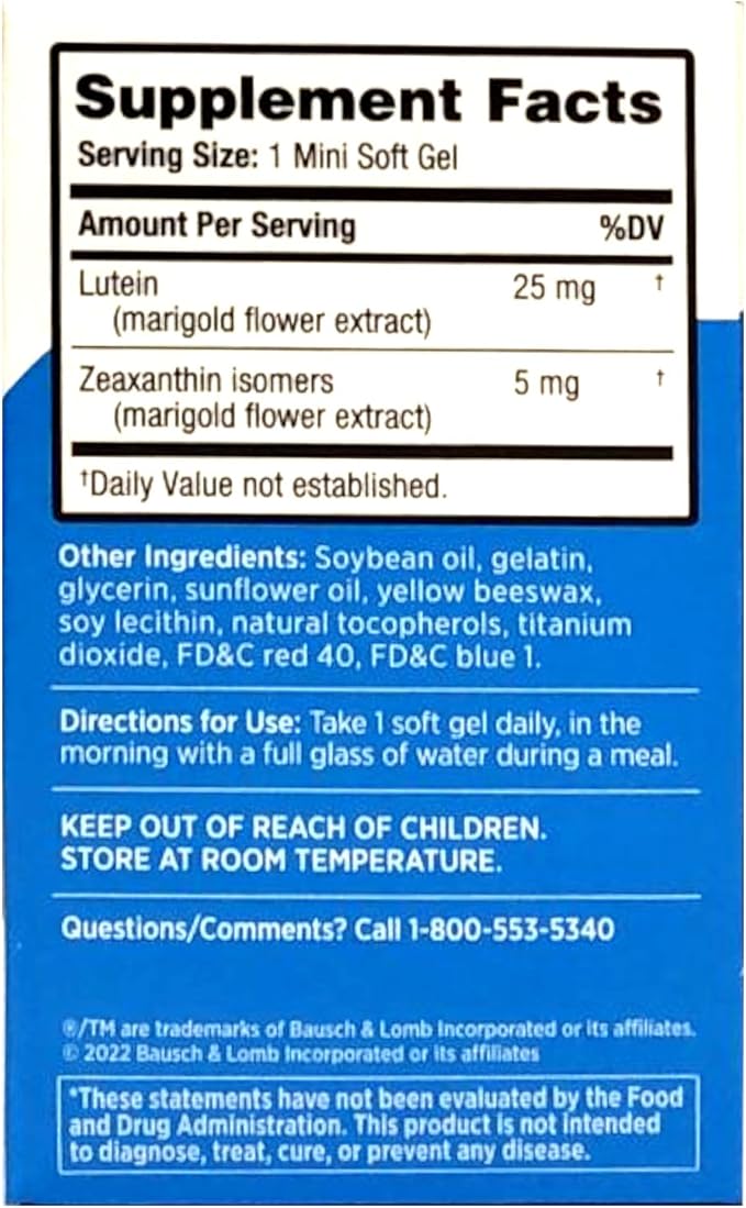 Bausch + Lomb Ocuvite Blue Light Eye Health – Mini Soft Gels with 25 mg Lutein + 5 mg Zeaxanthin – Eye Defense for Screen Time, Gamers, & Digital Device Users, 30 ct (Pack of 4)