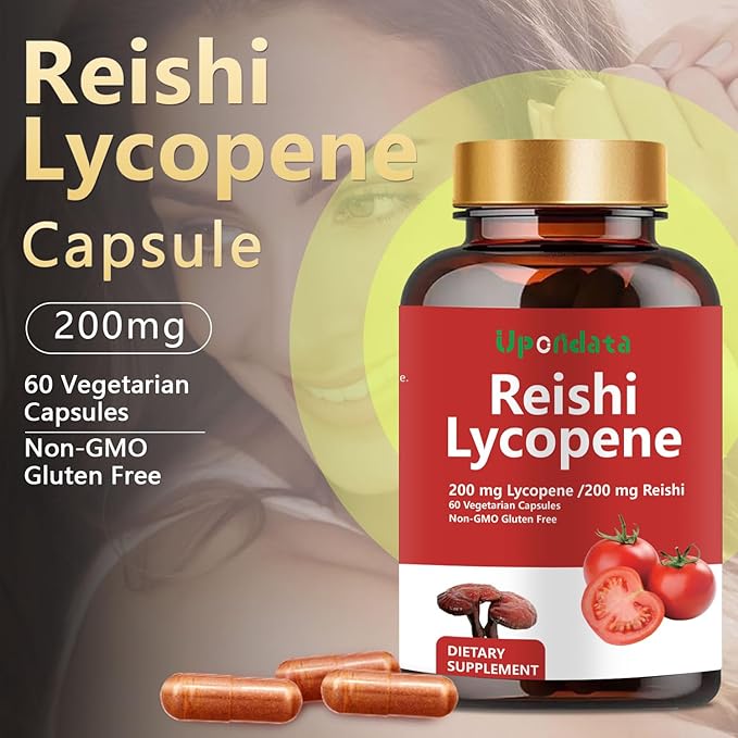 Lycopene Capsules, Natural Lycopene 200mg with Organic Reishi Mushroom 200mg Supplement for Prostate Health and Immune Support - Gluten-Free, Non-GMO, 60 Capsules (1 Pack)