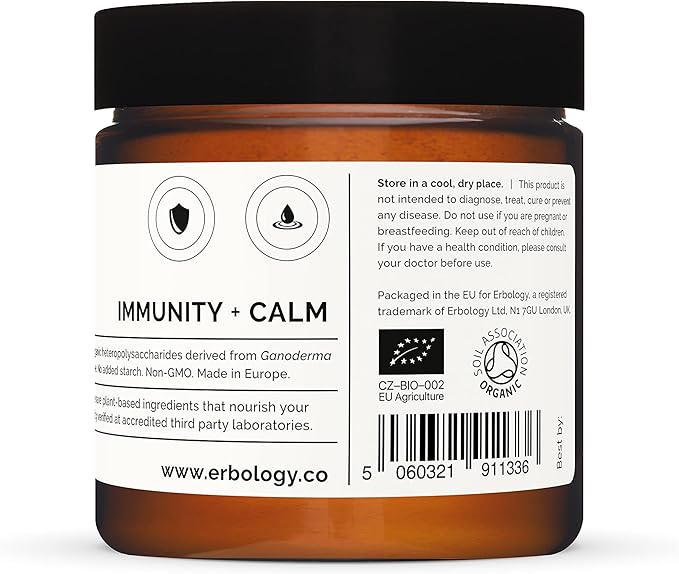 Erbology Organic Reishi Mushroom Powder 50 Servings - 21% Beta-glucans - Immunity Support - Ganoderma Lucidum - Small Batch - Sustainably Grown in Europe - Vegan - Non-GMO - No Added Fillers