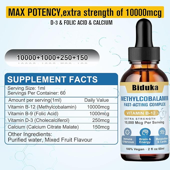10,000mcg Sublingual Vitamin B12 Liquid Drops, Unique Formula with D3, B9(Folic Acid), Calcium, Support Energy, Heart, Mood, Brain, Immune System, Vegetarian, Non-GMO & Gluten Free