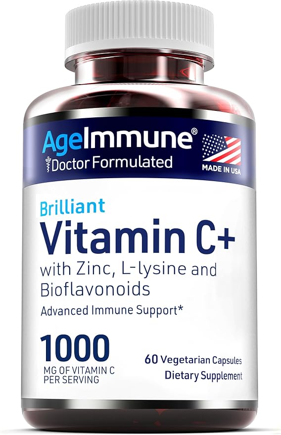 AgeImmune Vitamin C 1000mg Complex with L-Lysine 500mg, Zinc 12mg, Bioflavonoids 300mg. Doctor Formulated Magnesium Stearate Free Supplements for Healthy Immune System Support.(1)