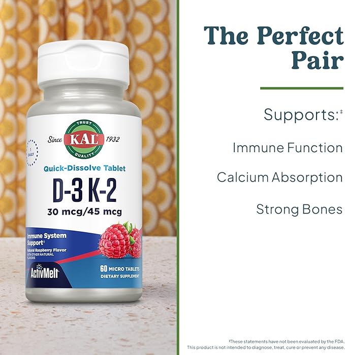 KAL Vitamin D3 K2 ActivMelts - Immune Support Supplement w/Vitamin D as D3 and MK7 VIT K2 - Supports Calcium Absorption for Strong Bones, Quick-Dissolve Tablets, Natural Raspberry Flavor, 60 Servings