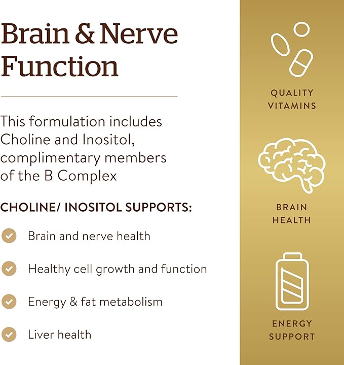 Solgar Choline/Inositol 500 mg/500 mg, 100 Vegetable Capsules - Energy Metabolism, Liver Health, Essential for Brain & Nerve Function - Non-GMO, Vegan, Gluten Free, Dairy Free, Kosher - 50 Servings