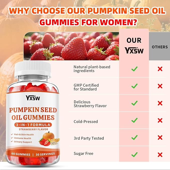 Pumpkin Seed Oil Gummies with Saw Palmetto, Organic Pumpkin Seed Oil Supplement for Hair Growth & Skin Health, Prostate Health, High Pure Extract for Women Men, Strawberry Flavor, 60 Count