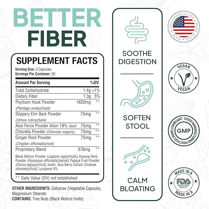 Organics Ocean Better Fiber - Daily Fiber Supplement - Soften Stool for Effortless Bowel Movements - with Psyllium Hulk and Slippery Elm - 3 Bottles