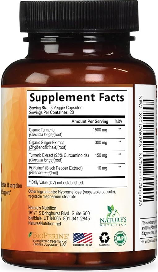 Turmeric Curcumin Supplement - 95% Curcuminoids with Organic Turmeric & Ginger, BioPerine Black Pepper Extract for Best Absorption, Natural Vegan Joint Support, Non-GMO, Bottled in USA - 60 Capsules