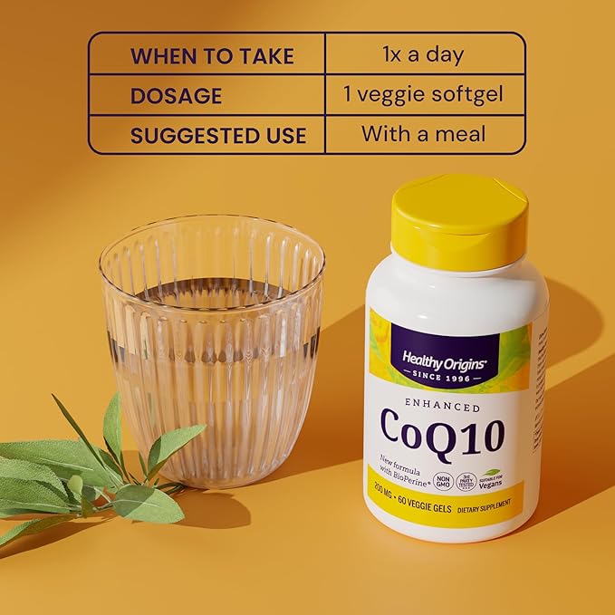 Healthy Origins Natural Enhanced CoQ10 (BioPerine®), 200 mg - Heart Health & Energy Supplement - Gluten-Free & Non-GMO Supplements, with BioPerine & Sunflower Lecithin ((Pack of 1) 60 Veggie Gels)