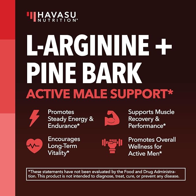 L-Arginine 1800mg and Pine Bark Extract 100mg - Nitric Oxide Supplement for Men - Performance Supplement for Men's Health - 90 Count - Endurance, Recovery Support - Vegan, Non-GMO Capsules