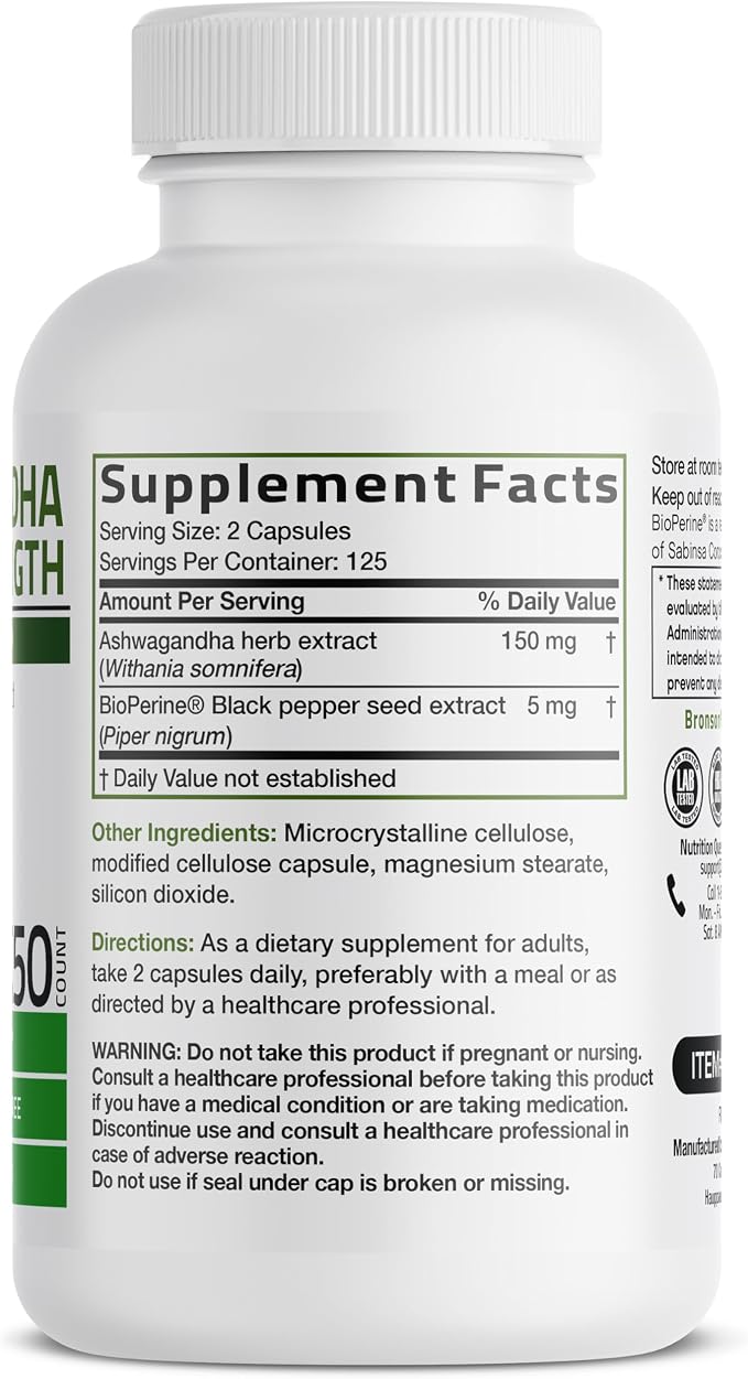 Bronson Ashwagandha Extra Strength Stress & Mood Support with BioPerine - Non GMO Formula, 250 Vegetarian Capsules