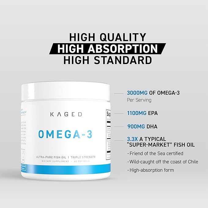 Kaged Omega 3 Softgels | Unflavored | Fish Oil Supplement | 3000mg Omega 3 Fatty Acid with EPA & DHA | Ultra-Pure, No Fish Burps | Supplements for Men & Women | 30 Servings