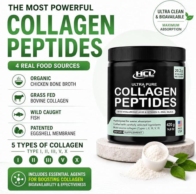 Collagen Peptides Powder with Vitamin C & Hyaluronic Acid - from Organic Cleanest Sources & Super High Absorption - Hydrolyzed Multi Type I, II, III, V, X - Skin Hair Supplement Made in USA