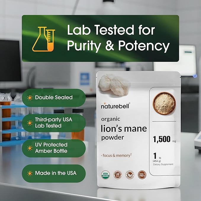 NatureBell Organic Lion’s Mane Powder 1,500mg - 1 lb - Brain, Focus & Memory Support* - Whole Fruiting Body & Mycelium - Non-GMO & Gluten-Free