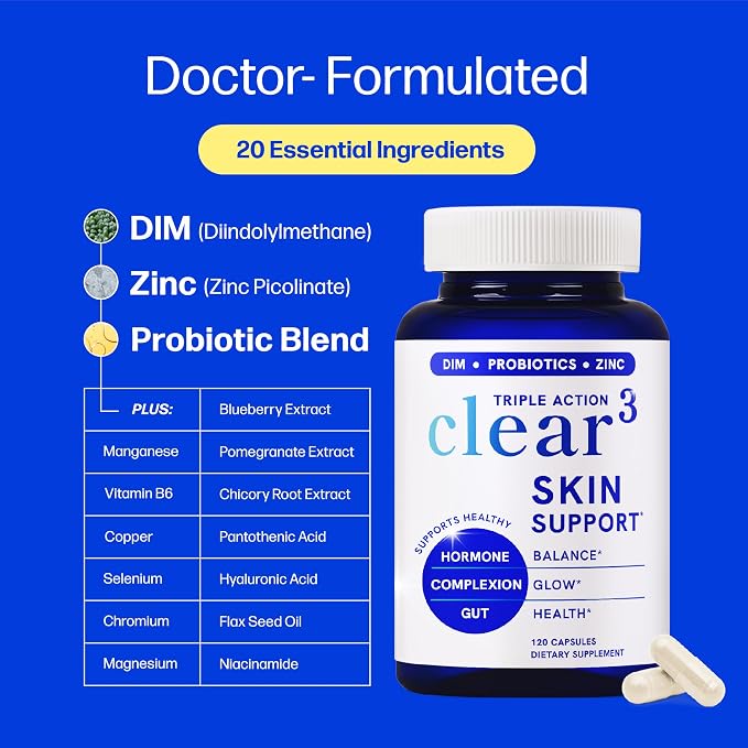 Clear Skin Supplement with Zinc, DIM & Probiotics | Doctor-Formulated | 3-in-1 Hormone, Gut & Complexion Support | Triple Action Hyaluronic Acid & Vitamins for Skin Balance & Glow Support | 120 Ct