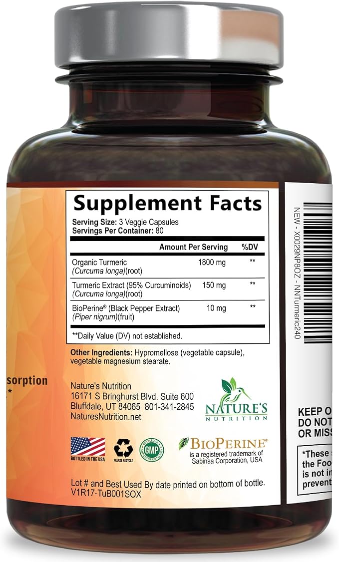 Turmeric Curcumin Supplement - 95% Curcuminoids with Organic Turmeric & BioPerine Black Pepper for Best Absorption - Daily Joint & Immune Health Support, Vegan, Non-GMO, Bottled in USA - 240 Capsules
