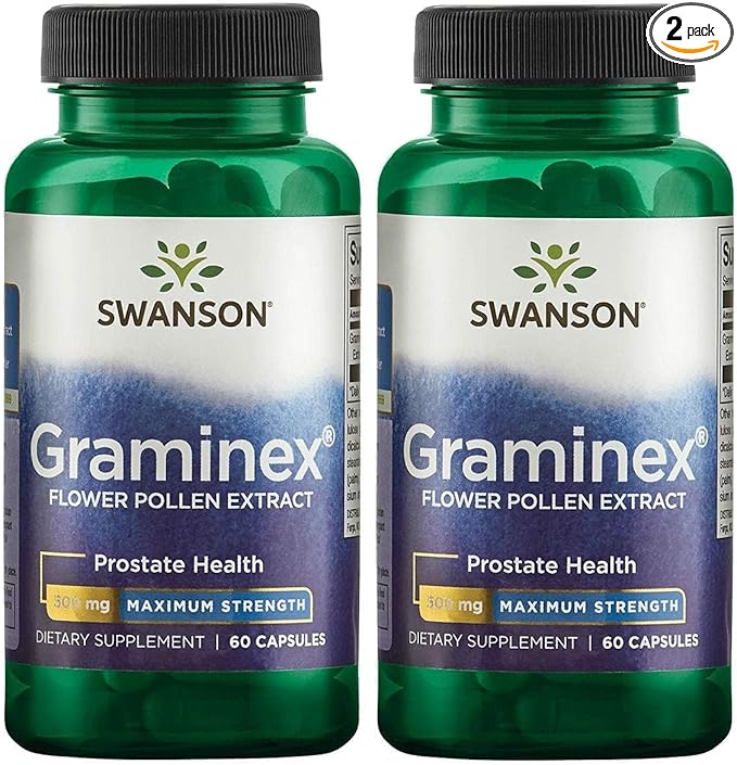 Swanson Maximum Strength Graminex Flower Pollen Extract - Supports Prostate Health, Urinary Tract Function, and Kidney Health - Mens Health Supplement - (60 Capsules, 500mg Each) (2 Pack)