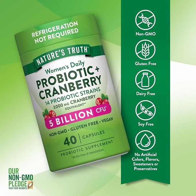 Nature's Truth Probiotics for Women | 5 Billion CFUs Daily | 40 Vegan Capsules | with Cranberry | Non-GMO & Gluten Free | No Refrigeration Needed