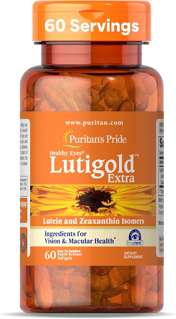 Puritan's Pride Premium Healthy Eyes Lutigold™ Extra Lutein with Meso-Zeaxanthin and Zeaxanthin for Men and Women, Vision Health Support, 2 Month Supply, 60 Easy-to-Swallow Rapid Release Softgels