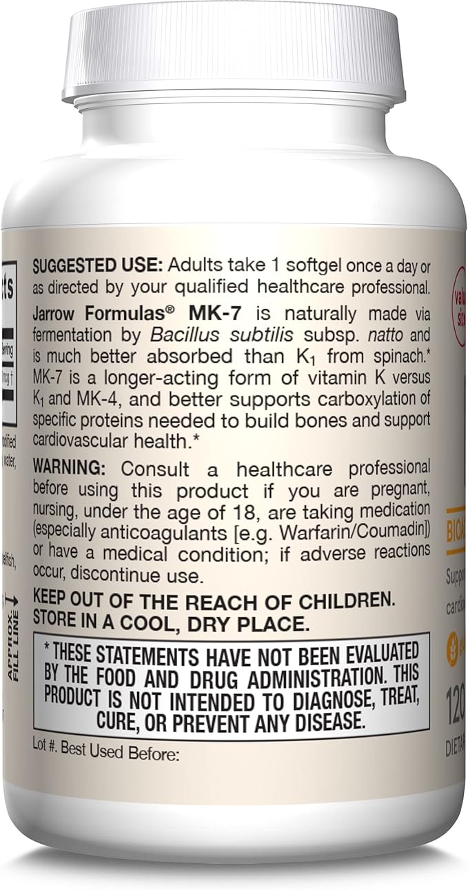 Jarrow Formulas MK-7 90 mcg - Bioactive Form of Vitamin K2-120 Servings (Softgels) - for Bone & Cardiovascular Health - Vitamin K2 MK-7 Dietary Supplement - Gluten-Free