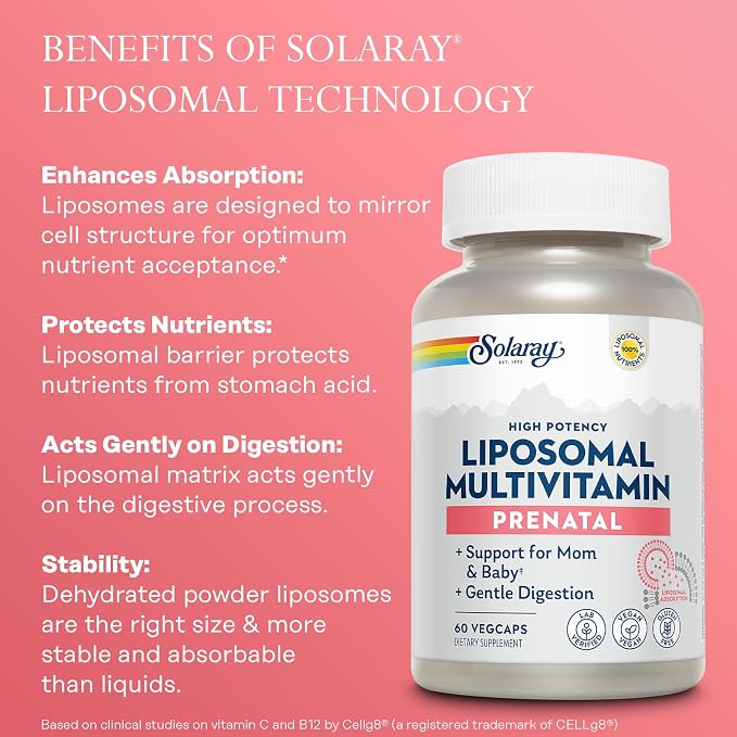 SOLARAY Liposomal Multivitamin Prenatal - Support for Mom & Baby with Prenatal Vitamins for Women, Folic Acid & Iron - High Potency, Gentle Digestion - 60-Day Guarantee - 30 Servings, 60 VegCaps