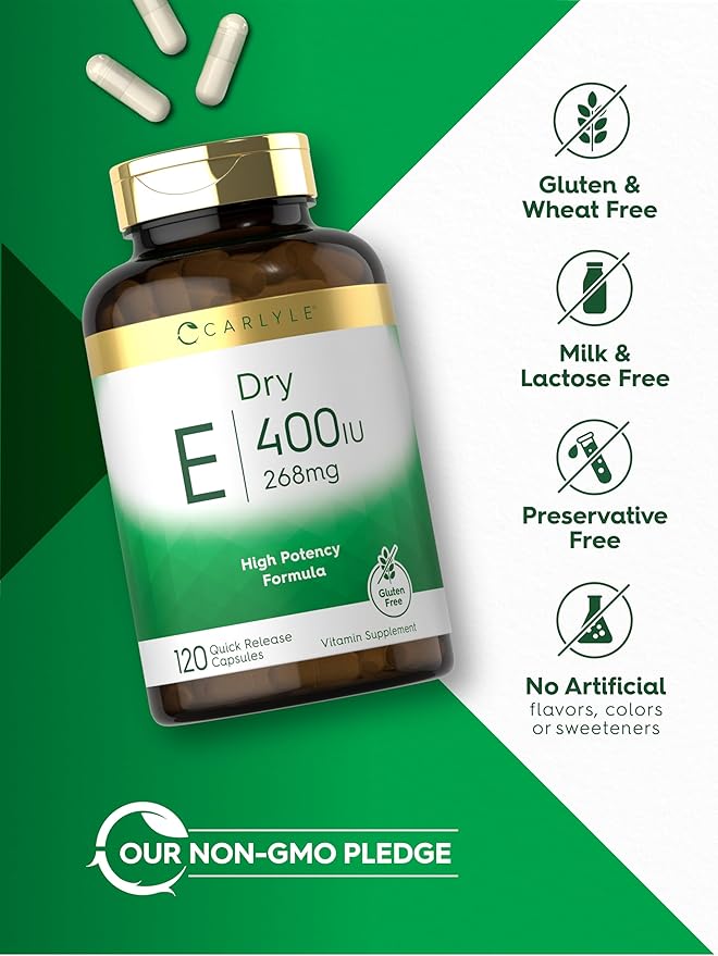 Carlyle Dry Vitamin E 400 IU | 120 Capsules | D-Alpha Tocopheryl | High Potency Formula | Non-GMO and Gluten Free
