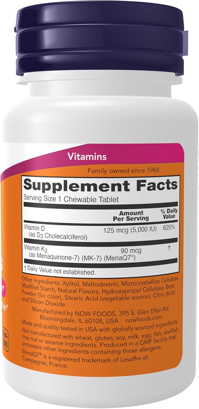 Now Supplements, Vitamin D3 & K2, 5,000 IU/90 mcg, Plus Cardiovascular Support*, Supports Bone Health*, 90 Chewable Tablets
