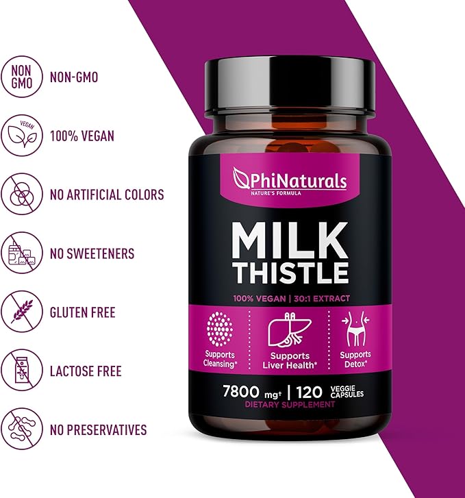 PhiNaturals Milk Thistle Extract Capsules Supplement Liver Detox 260mg Silymarin 30:1 Extract Equivalent to 7800mg Milk Thistle Seeds Liver Detox Silimarina