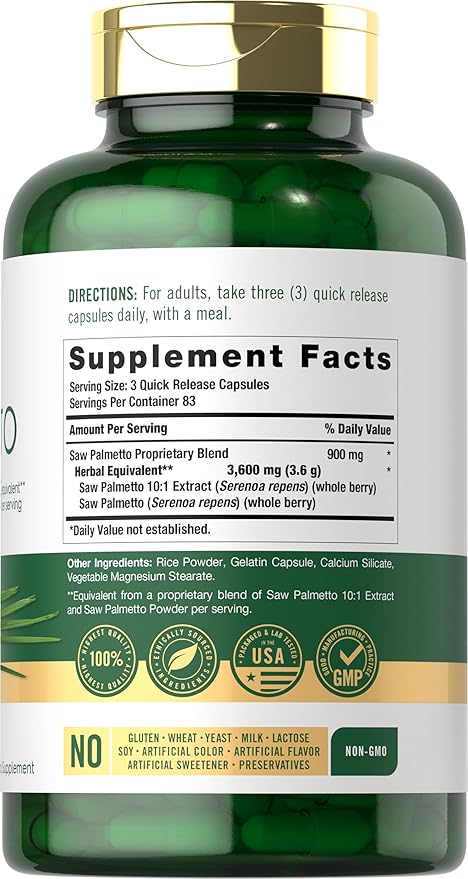 Carlyle Saw Palmetto for Men and Women | 250 Capsules | Herb Extract Supplement | Serenoa Repens | Non-GMO and Gluten Free