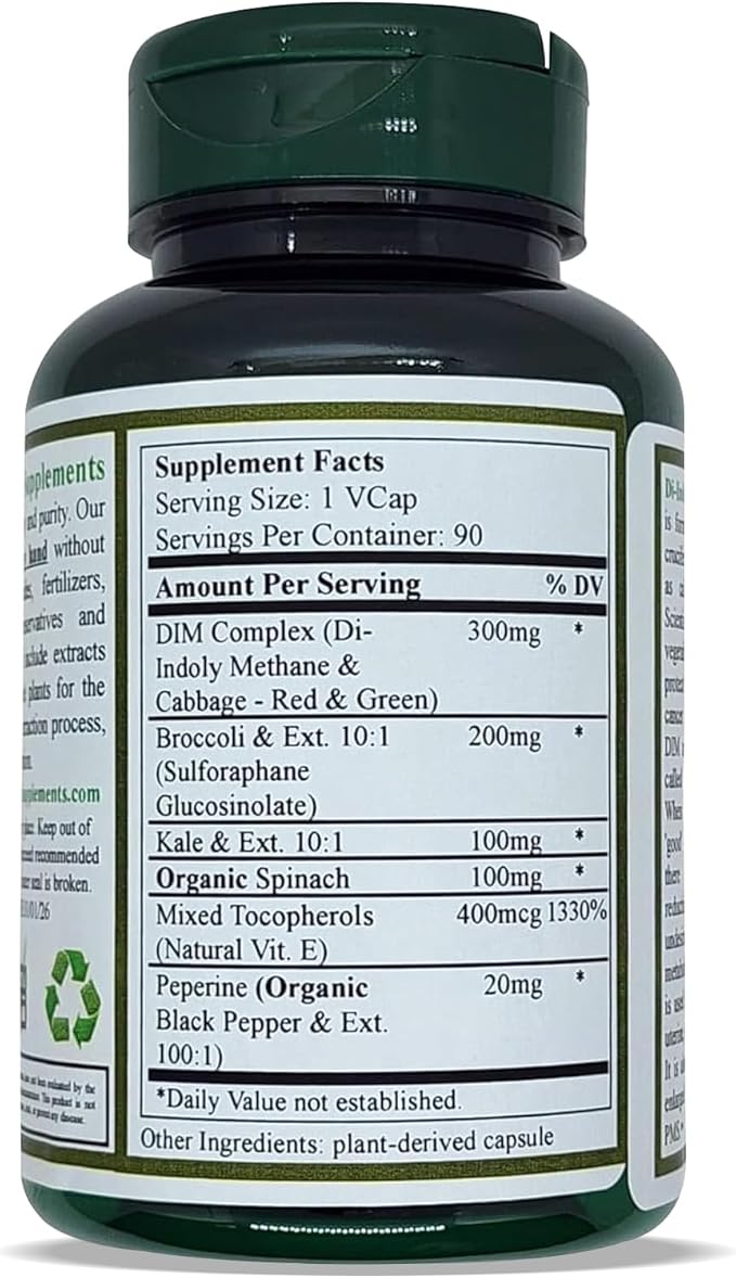 Green Organic Supplements DIM, Diindolylmethane, I-3-C, Indole-3-Carbinol, Broccoli, 90 VCaps, High Absorbable, Non-GMO, Gluten-Free, (Pack of 3)