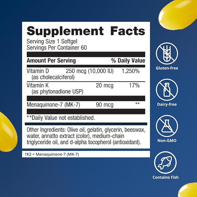 Metagenics Vitamin D3 + K - for Artery Health, Immune Support, Bone & Heart Health* - Vitamin D with MK-7 (Vitamin K2) - Non-GMO - Gluten-Free - 60 Softgels - 10,000 IU