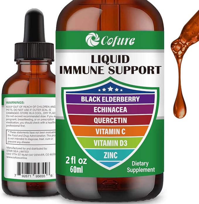 Zinc Quercetin Vitamin C D3 Liquid Immune Support with Organic Echinacea Elderberry, Immune Defense Drops Supplement for Adults- Vegan, Non-GMO, Gluten Free - 2 Fl Oz, 60 Servings