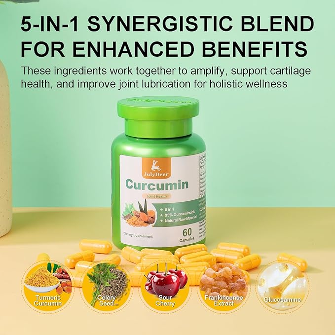 JulyDeer Curcumin Turmeric 95% with Celery Seed, Sour Cherry, Frankincense Extract, Glucosamine 5 in 1 Formula 95% Curcuminoid Natural Antioxidant Supplements Support to Joints and Immune Health