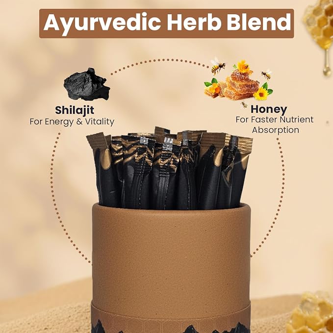 Pure Himalayan Shilajit Honey Sticks with Natural Honey & Caramel 30 Sticks | 75%+ Fulvic Acid, 85+ Trace Minerals | Support Energy & Immunity | Easy Single-Use Packets for Men & Women
