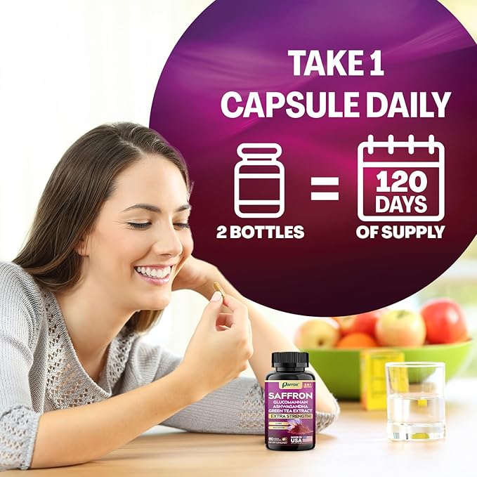 Saffron Supplement with Glucomannan, Ashwagandha, Green Tea Extract, Zeaxanthin & Lutein, Vision Support & Daily Wellness Formula, Extra Strength Plant-Based Capsules, 4 Month Supply (2 Pack)