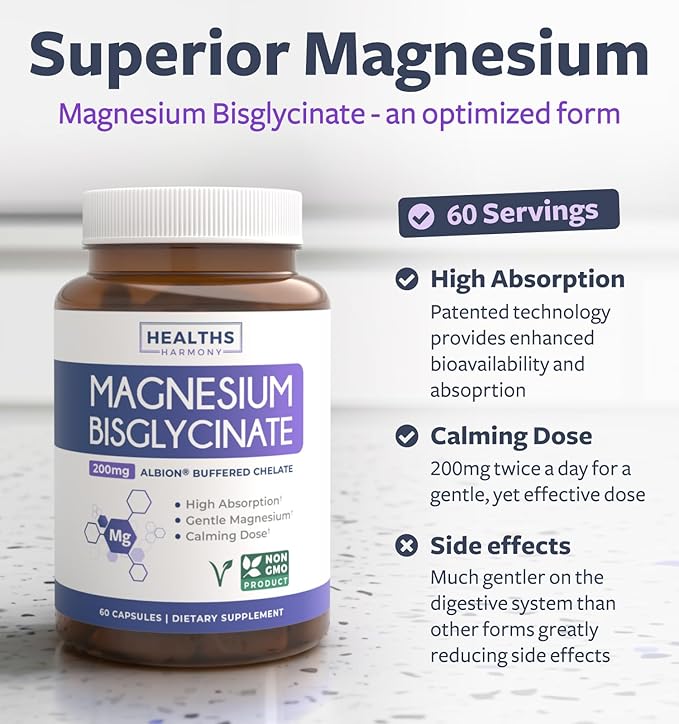 High Absorption Magnesium Bisglycinate Capsules - Clinically Validated Buffered and Chelated Magnesium Supplement - 1 Daily Vegan Capsule with Lab Verified Gentle 200mg Serving (2 Month Supply)
