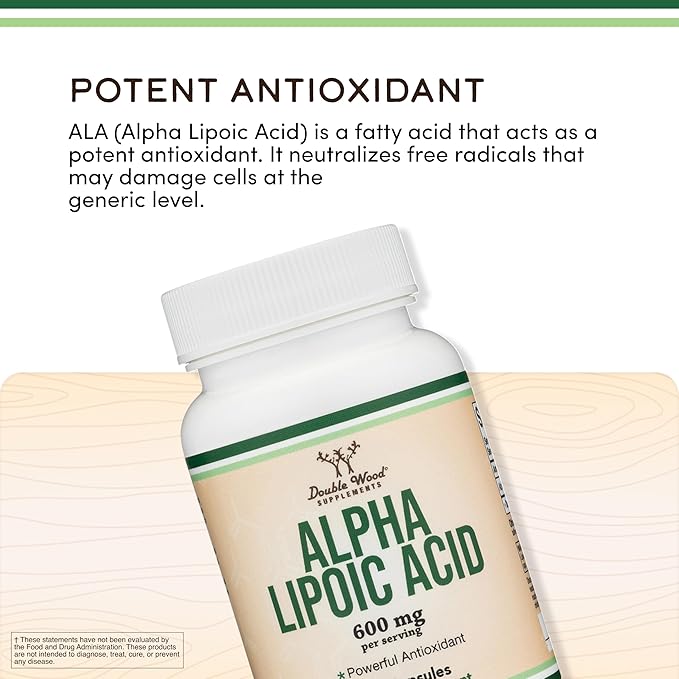 Alpha Lipoic Acid 600mg per Serving, 120 Capsules (Third Party Tested, Non-GMO, Gluten Free, Vegan Safe), Cellular Energy Support (ALA Supplement) by Double Wood